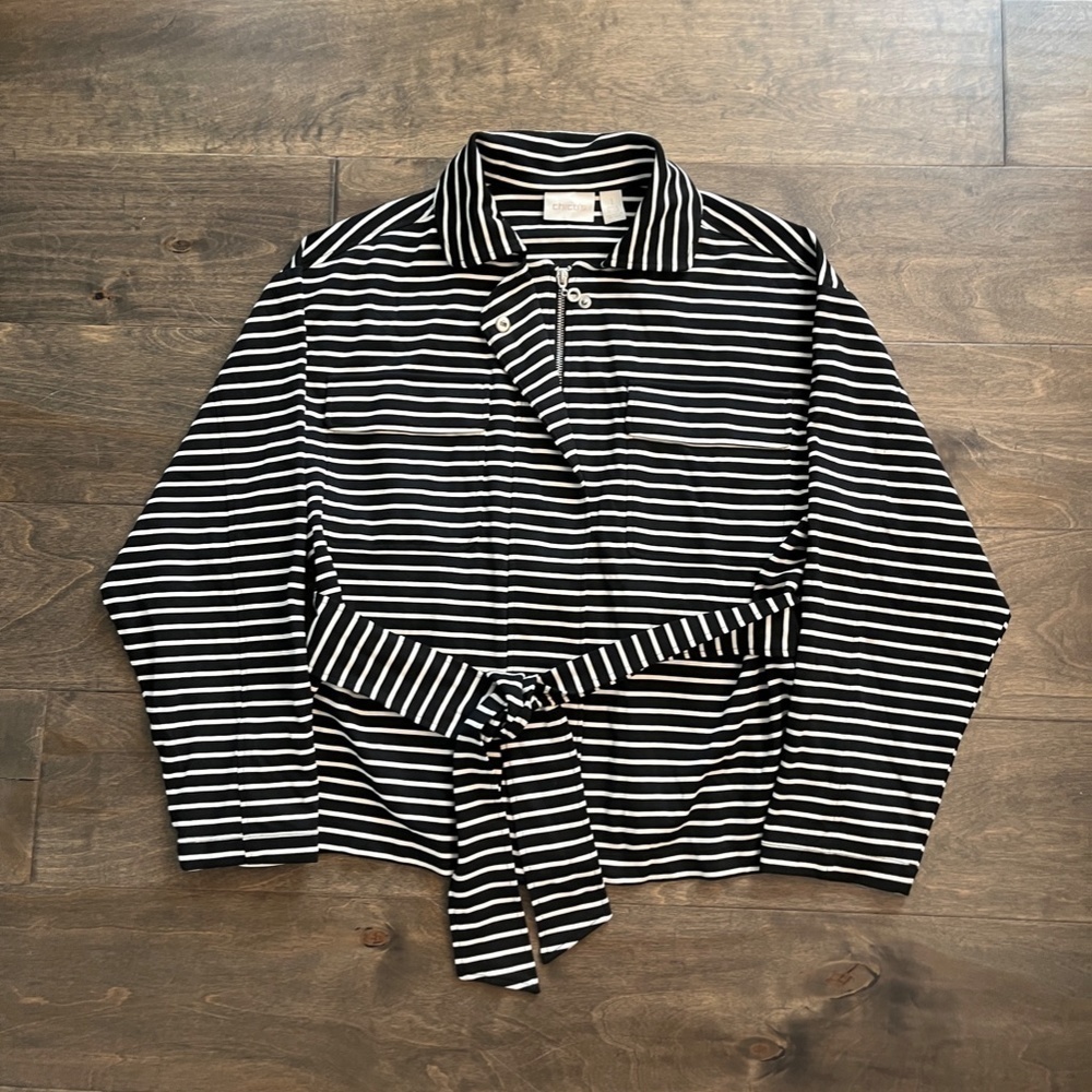 Chicos (SIZE 1) Stripe Zip and Snap Jacket with Tie